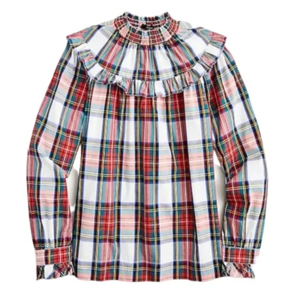 J.Crew Smocked Popover Top in Snowy Stewart Tartan Size L - Picture 1 of 6